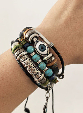跨境网红热销欧美日韩版多层串珠蓝色眼睛皮革手链可调男潮流