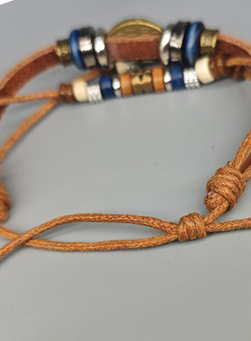 跨境国潮手环网红编织串珠眼睛皮革手链情侣欧美多层抽拉可调