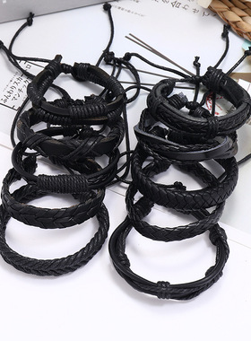 欧美跨境饰品 复古编织混搭diy手饰 简约多层可调节牛皮套装手链