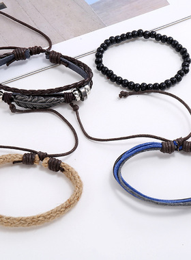 跨境热销爆款配饰复古树叶牛皮套装手链多层麻绳编织男士手镯手环