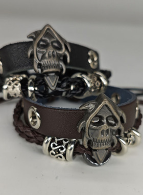 皮革手环万圣节骷髅头欧美网红创意手链朋克多层编织手绳可调节