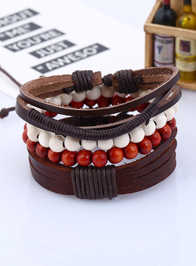 欧美简约复古套装手链diy编织牛皮手链朋克手链男士麻绳真皮手链