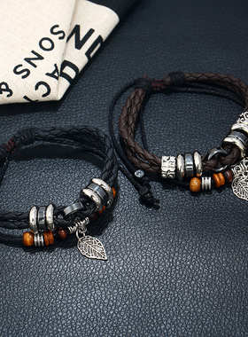 韩版时尚个性创意多层编织树叶吊坠男士皮革手链跨境电商手饰