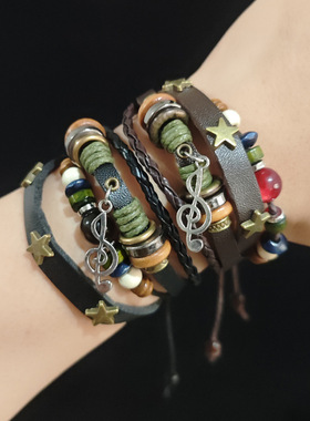 音符吊坠可调节多层手环学生民族风音乐串珠手链男女情侣森系