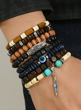 新款波西米亚风格木珠复古羽毛手链 简约休闲男士多层DIY手链套装