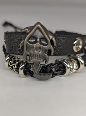 欧美网红串珠皮革手链朋克多层手环万圣节骷髅头编织手绳可调节