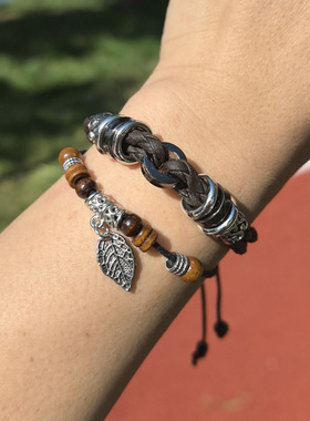 实心树叶子手环多层个性手链可调小众欧美民族风手镯情侣闺蜜