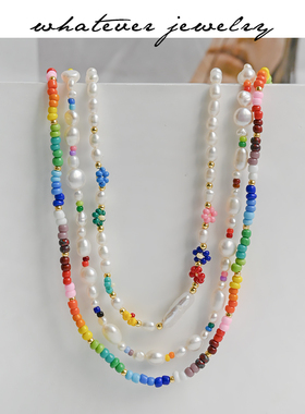 whatever珍珠小花女糖果串珠项链