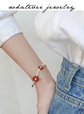 whatever手工红色小花珍珠手链女