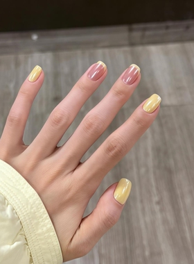 奶黄色海莉法式夏日短款纯手工穿戴甲高级感简约清新显白美甲甲片