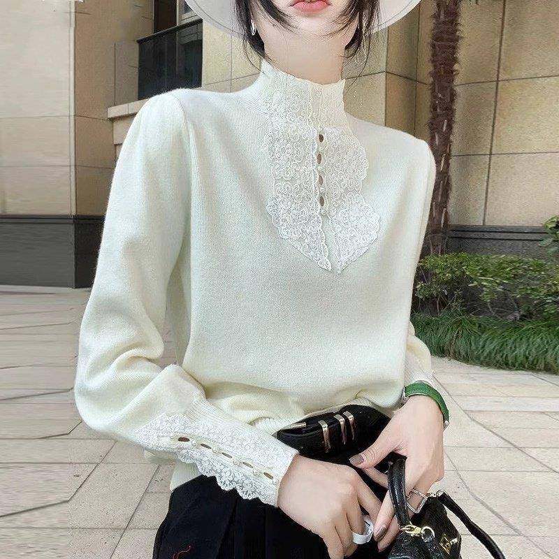 欧货蕾丝钉珠镂空毛针织衫女秋冬新款气质半高领打底衫高级感上衣,淘宝优惠券,粉丝福利购,淘宝优惠卷