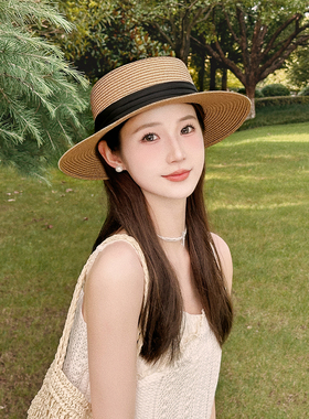 2024新款夏季遮阳帽法式平顶草帽