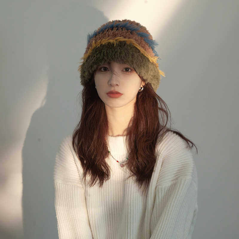 日系毛绒渔夫帽子女秋冬季显脸小彩色兔毛针织帽大头围保暖毛线帽