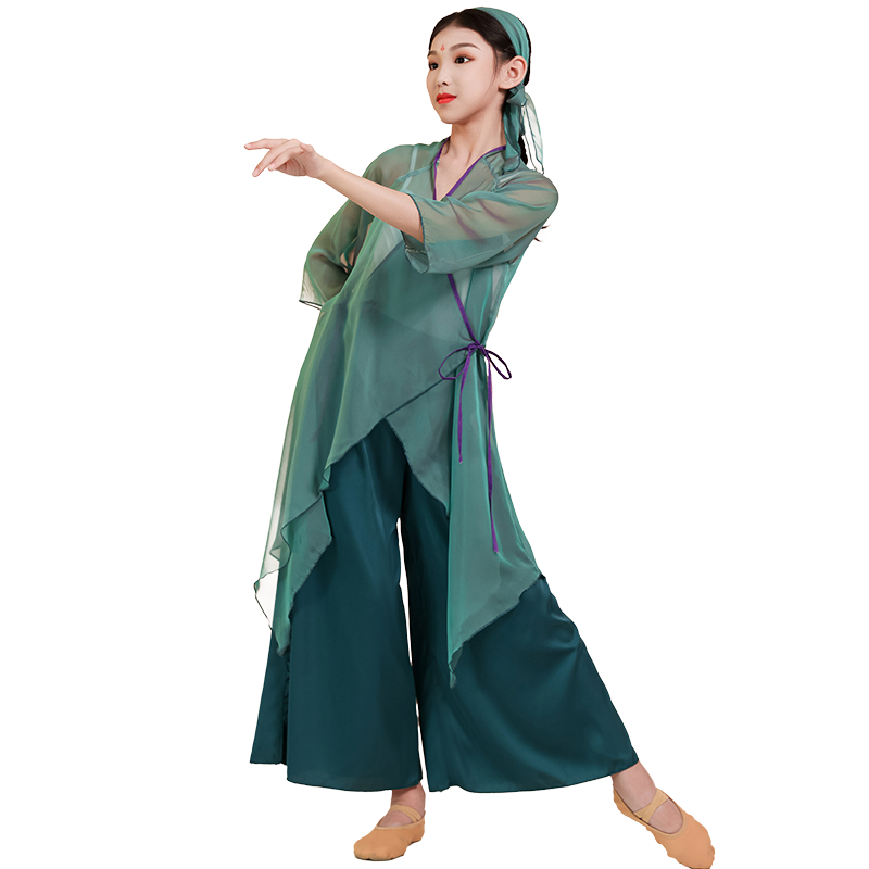 古典舞蹈服新款中国舞演出服装女童青蛇舞蹈飘逸纱衣民族舞练功服 - 图3
