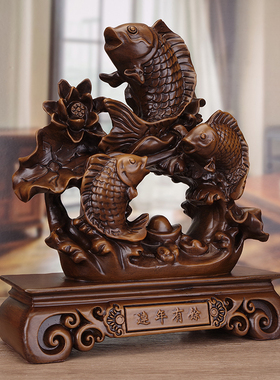 实木雕年年有余摆件客厅玄关酒柜