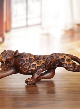 实木雕招财金钱豹摆件客厅办公室