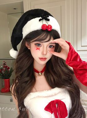 圣诞节黑色樱桃圣诞帽cos氛围感节日装扮女拍照道具头饰毛绒帽子