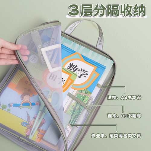 L型学科科目分类袋a4文件袋拉链式补习袋女小学生手提袋拎书袋作业资料袋男孩装书本收纳袋子透明网纱多层袋-图3