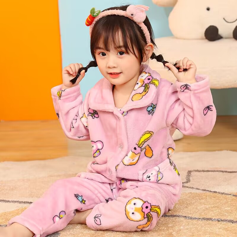 秋冬季新款儿童睡衣加厚保暖法兰绒中大童男女孩家居服珊瑚绒套装