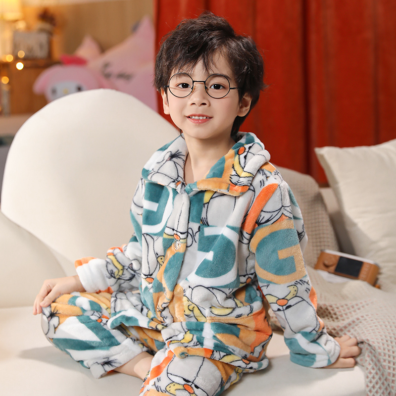 秋冬季新款儿童睡衣加厚保暖法兰绒中大童男女孩家居服珊瑚绒套装