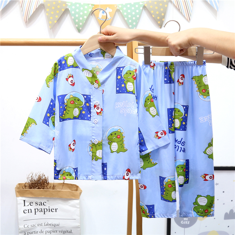 夏季儿童空调服棉绸薄款睡衣宝宝男孩女童长袖开衫印花家居服套装