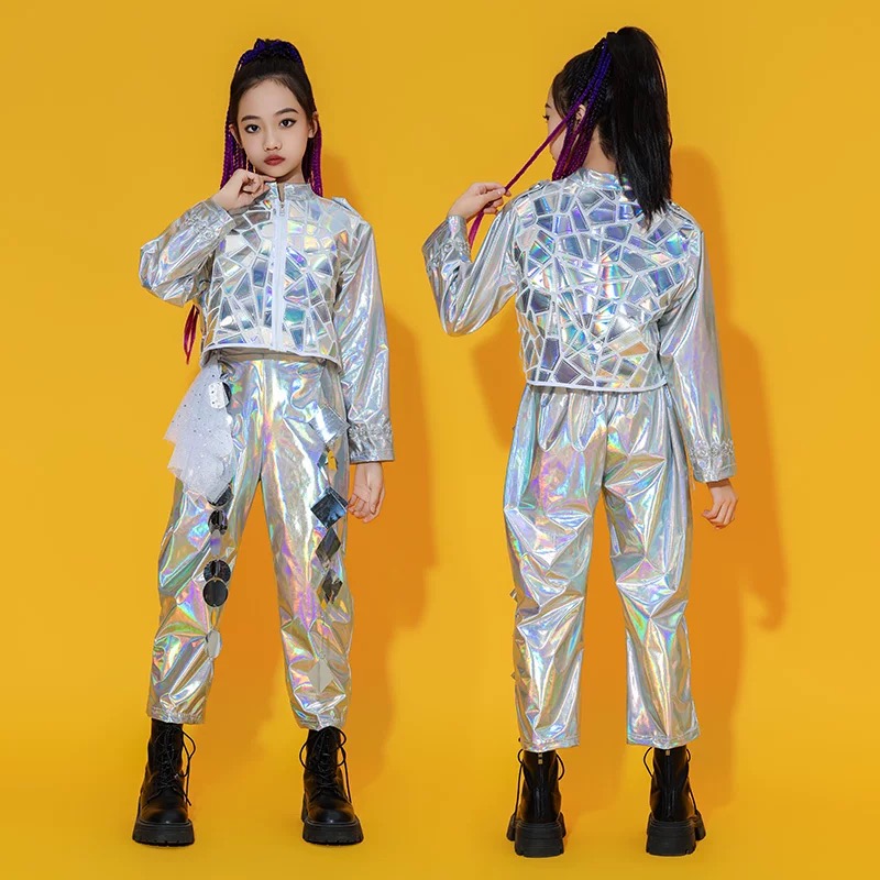科技感儿童宇宙镭射服机器人舞蹈套装潮流未来走秀银色男女演出服 - 图2