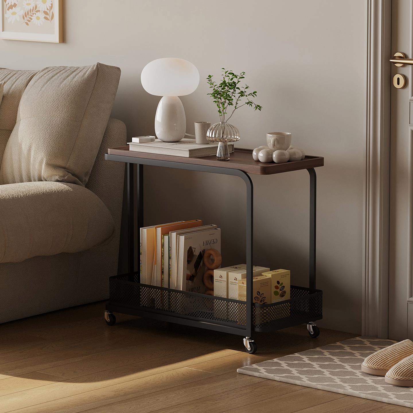 可移动客厅沙发侧边小推车铁艺边几小茶几创意轻奢高级感中古边桌 - 图0