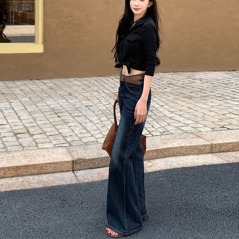 李李服饰加绒低腰不贴腿知性百搭微喇牛仔裤女2025冬季新款拖地裤 - 图1