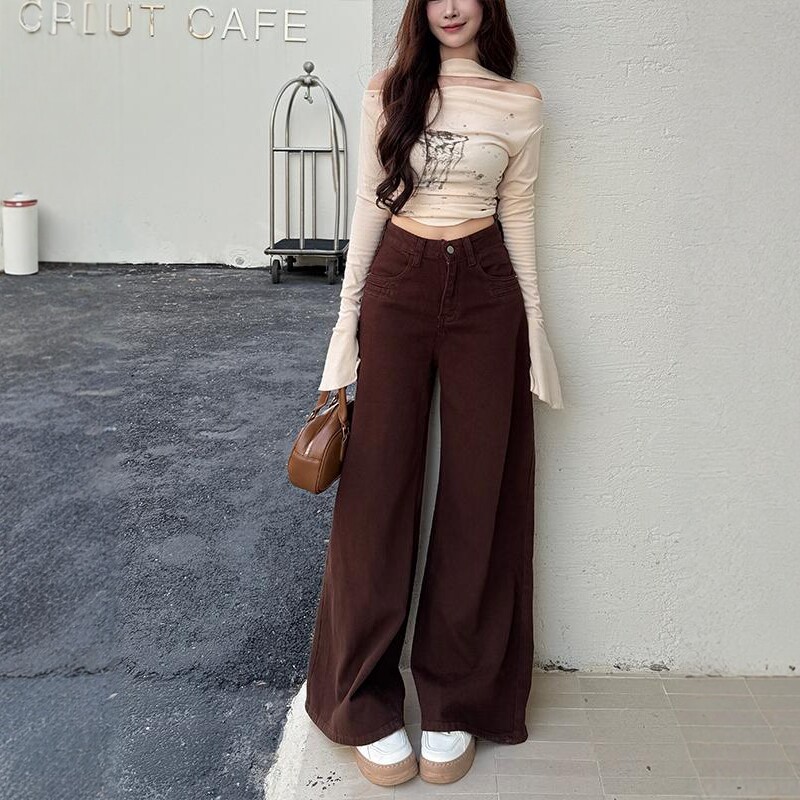 李李服饰港风咖色阔腿牛仔裤女2025秋季新款高腰宽松显瘦拖地裤