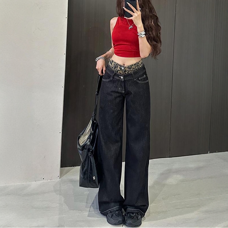李李服饰美式高街豹纹拼接阔腿牛仔裤女2025秋季假两件宽松长裤子 - 图2