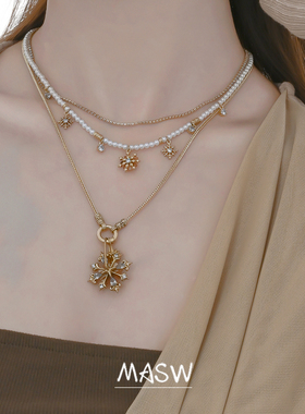 MASW麻秀复古金雪花珍珠项链