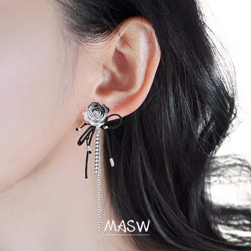MASW麻秀原创设计荆棘系列暗黑撞色玫瑰花耳环甜酷蝴蝶结流苏耳饰 - 图0