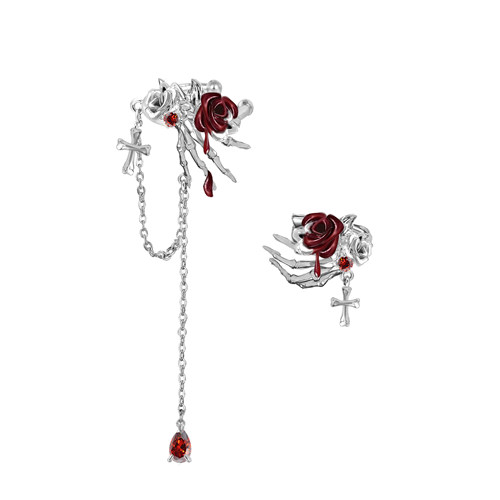 MASW麻秀原创骸骨系列甜酷红色玫瑰花耳骨夹暗黑设计感不对称耳夹 - 图1