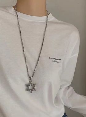 日韩幸运六芒星项链男女嘻哈挂饰百搭潮流情侣学生毛衣链项链吊坠