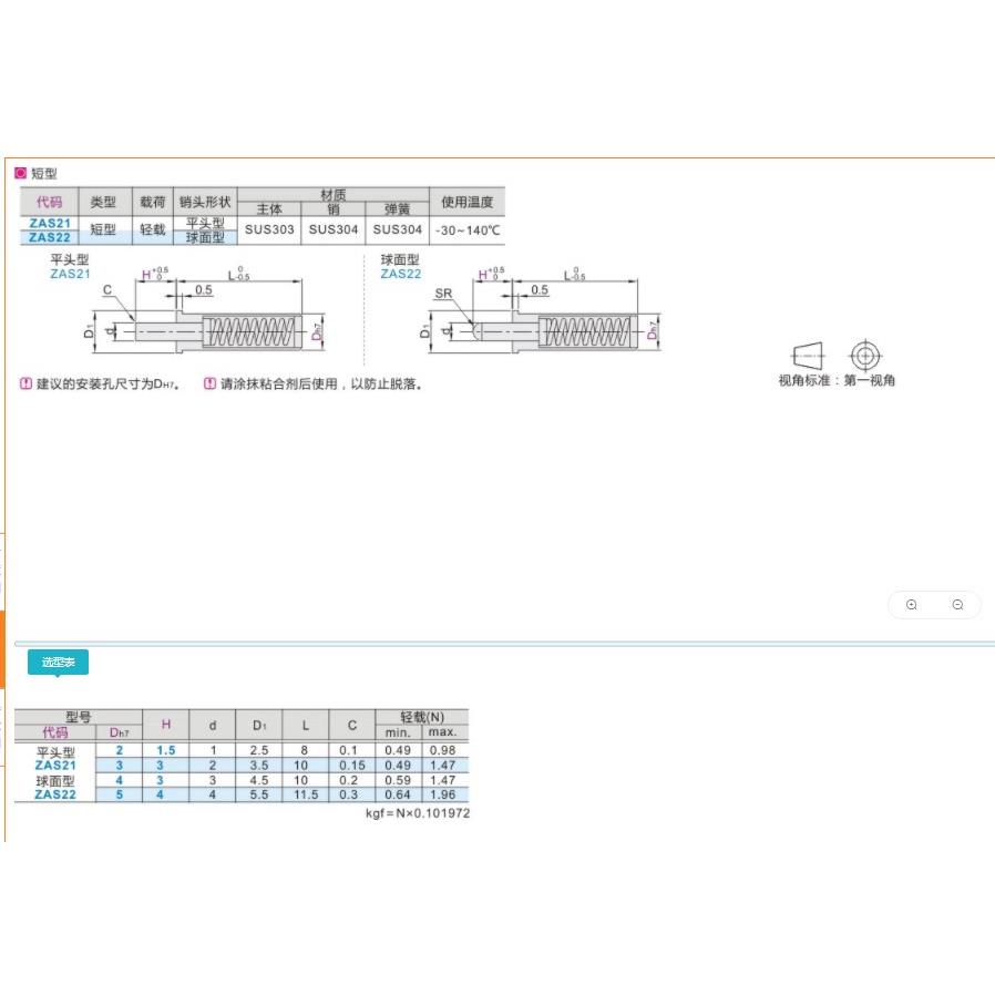 短型弹簧柱塞 定位柱ZAS21/22-D2/3/4/5-H1.5/3/4 - 图0