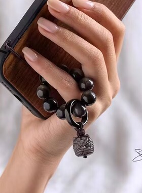 天然黑曜石手机链手捻串指环扣防丢指尖盘玩小串醒狮文玩佛珠念珠