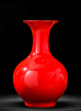 景德镇陶瓷器中国红全红纯红色花瓶插花新中式客厅婚庆装饰品摆设