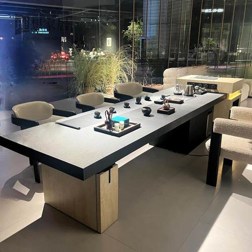 新中式实木茶桌现代别墅极简黑色办公室商务家用天然洞石岛台茶台 - 图3