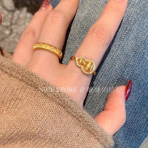 晚睡的桔梗「金夙」古法金色葫芦素圈磨砂戒指新中式锆石食指戒 - 图0