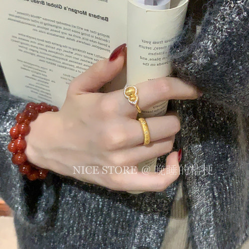 晚睡的桔梗「金夙」古法金色葫芦素圈磨砂戒指新中式锆石食指戒 - 图1