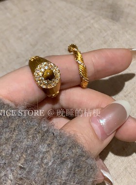 晚睡的桔梗「深情眼」复古虎石精致百搭戒指ins精致斜纹食指戒