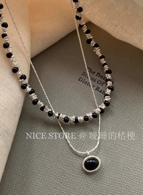 晚睡的桔梗「黑山」小众百搭复古碎银玛瑙项链日韩椭圆吊牌锁骨链