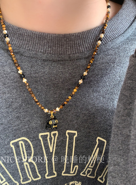 晚睡的桔梗「小黑」新中式虎石沙金滴釉小猫项链萌宠吊坠锁骨链女