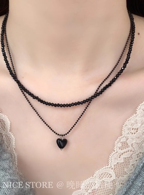 晚睡的桔梗「万枝」小众设计感黑色双层爱心项链叠戴精致锁骨链