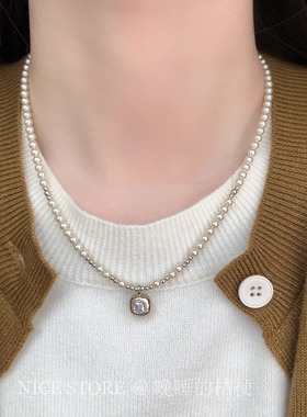 晚睡的桔梗「冶之」法式轻奢珍珠咖啡金珠项链轻奢锆石吊坠锁骨链