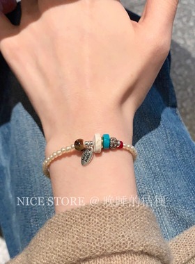 晚睡的桔梗「境禾」新中式串珠珍珠字母拼色毛衣链简约珍珠项链