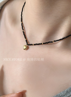 晚睡的桔梗I爱心黑色串珠项链