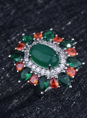 新款欧美奢华炫目仿祖母绿戒指 冬日里的彩宝花园开口玉髓戒指女