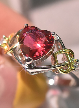 POLYSUTT欧美玫红色爱心形戒指女 双色电镀仿真钻石订婚分色指环