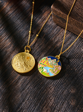 越南沙金镀传承古法烧蓝圆牌吊坠 春秋冬夏四季圆形编织红绳项链